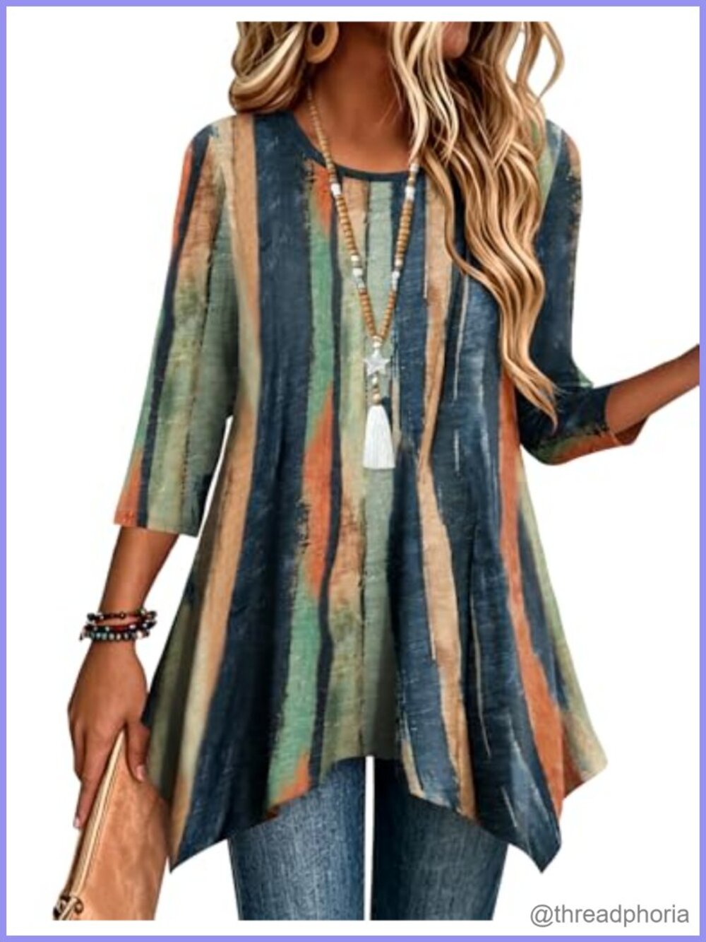 Loose Fit Tunic Top 3/4 Sleeve Asymmetrical Hem Boho Blouse